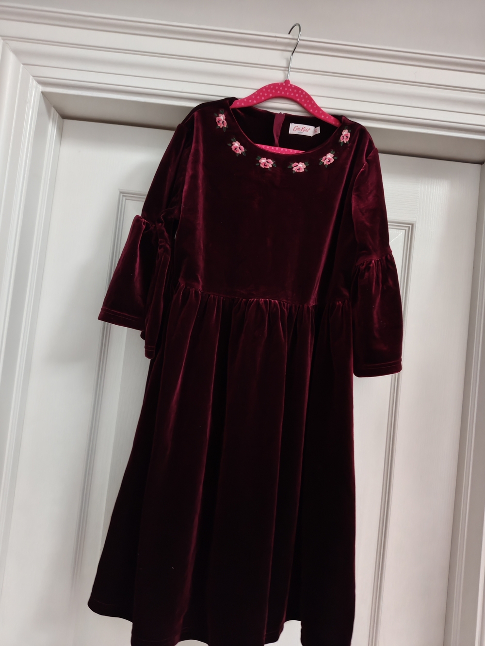 Cath Kidston Burgundy Velvet Girls' Dress with Pink Floral Trim